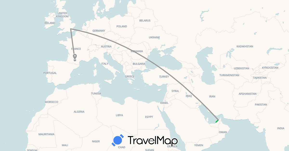 TravelMap itinerary: driving, bus, plane in United Arab Emirates, France, United Kingdom (Asia, Europe)